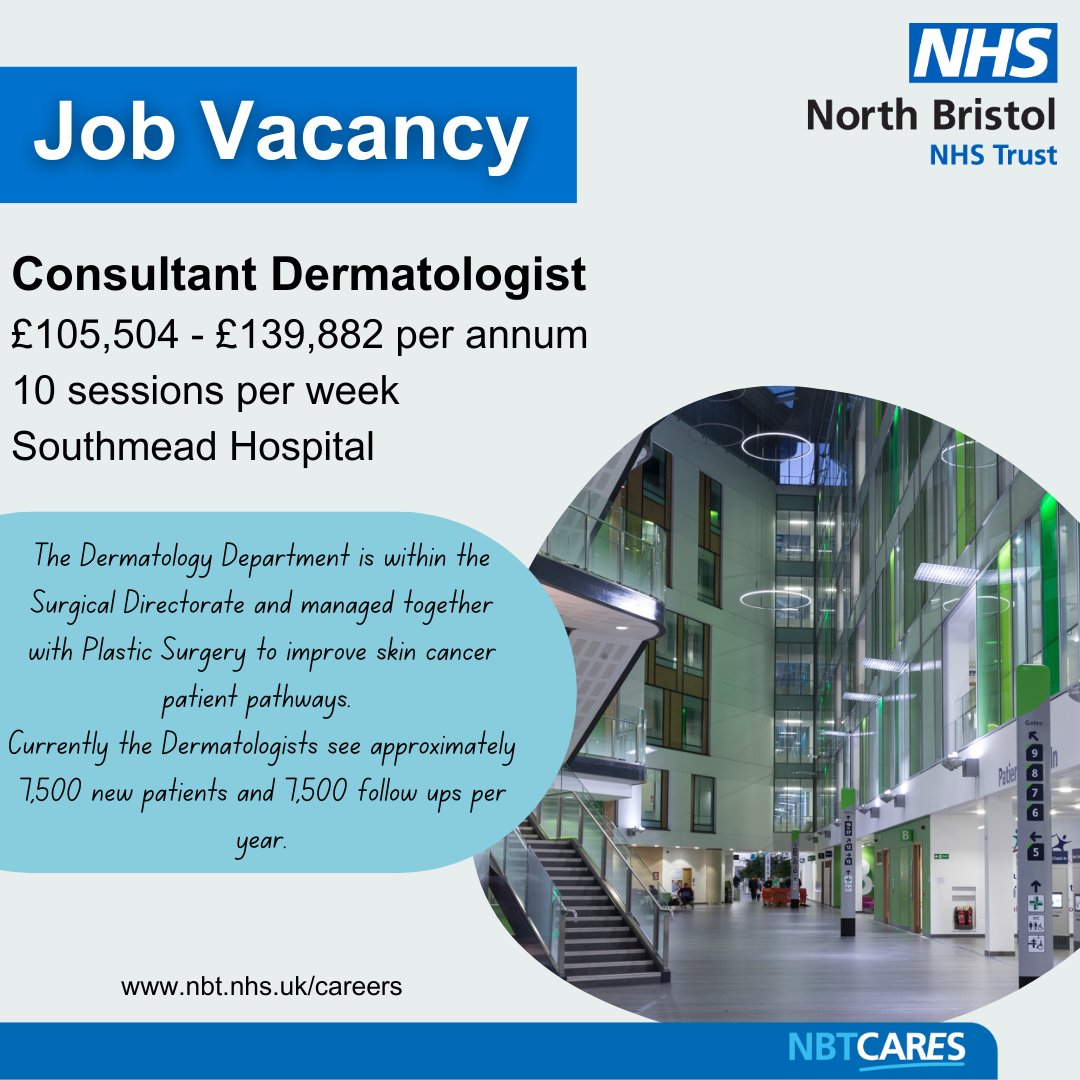🌟 We’re hiring a Consultant Dermatologist at North Bristol NHS Trust! Join a dynamic team delivering skin cancer &amp; general dermatology services across Bristol &amp; the South West. Shape the future of care.

🔗 Apply now: ow.ly/ATzG50VRJbY

#NHSJobs #Dermatology