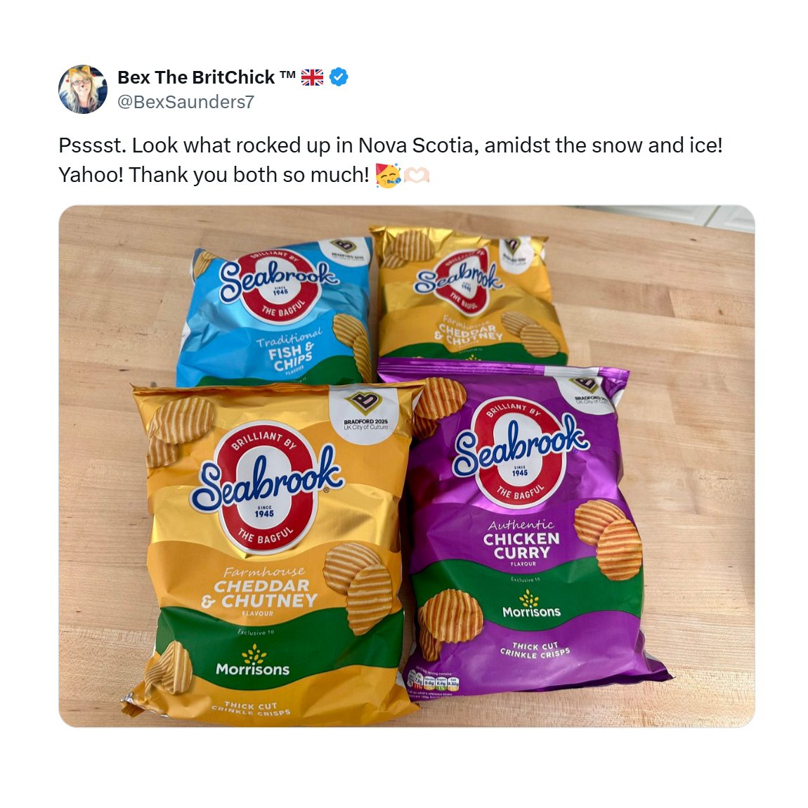 Seabrook Crisps (@seabrookcrisps) on Twitter photo Bex’s friend Nigel posts her Seabrook crisps all the way to Canada. What a legend!
📷 <a href="/BexSaunders7/">Bex The BritChick ™ 🇬🇧</a> Bex’s friend Nigel posts her Seabrook crisps all the way to Canada. What a legend!
📷 <a href="/BexSaunders7/">Bex The BritChick ™ 🇬🇧</a>
