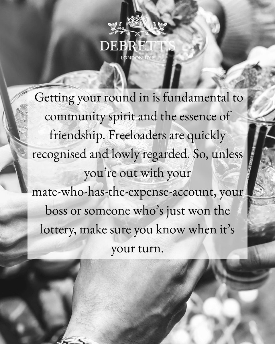 Debretts's tweet image. The British pub is a world-famous institution, and one that has its own unique rules of etiquette and behaviour. If a group of you are drinking together, it is usual for people to take it in turns to buy a round for the entire group.
#britishpub #manners #debrettsmoderngent