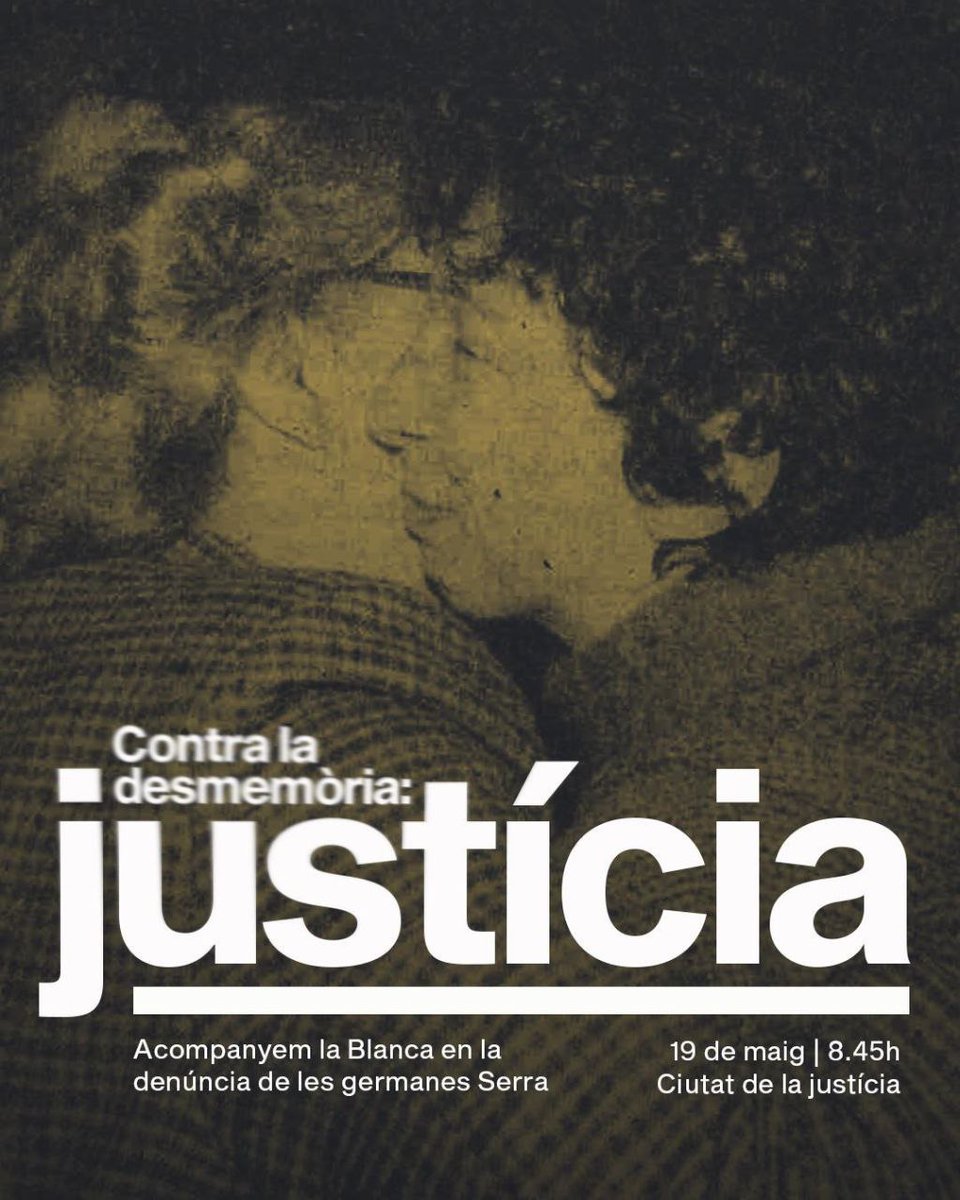 Bon dia!

📢 El proper dilluns 19 de maig, la Blanca Serra declararà davant la Fiscalia de Memòria Democràtica i Drets Humans. És la primera vegada que una víctima de tortures franquistes serà escoltada per una fiscal especialitzada. Un pas clau per la veritat, la justícia i la