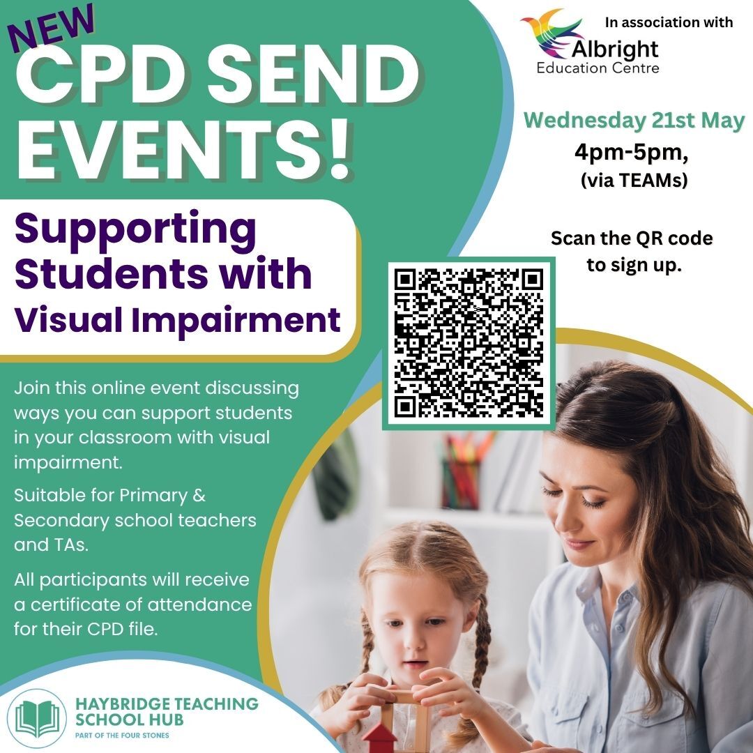 This fully-funded, online session will give you some useful strategies to enable you to support children with a visual impairment. 
For further information scan the QR code or hit the link below 👇eu1.hubs.ly/H0k2NJM0

#sandwell #dudley #visualimpairment #CPD #SEND #teacher