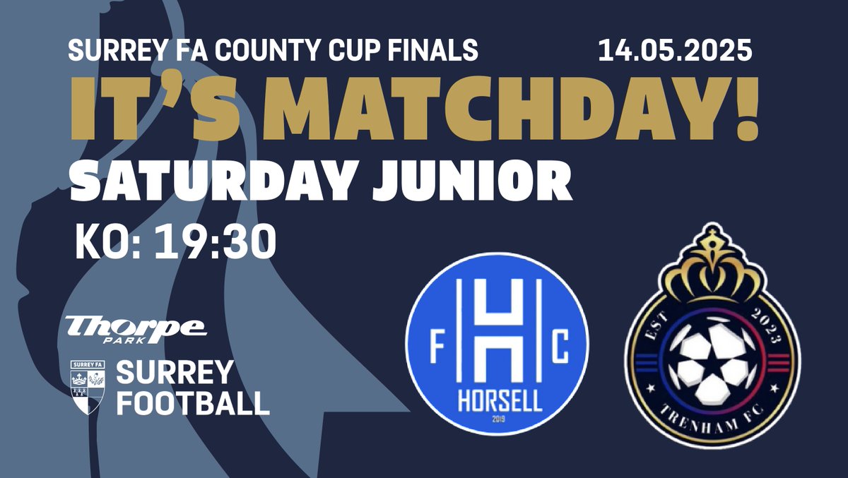 Join us tonight for the penultimate County Cup Final🏆

It's the Saturday Junior cup as <a href="/Horsell_fc/">Horsell FC</a>  take on <a href="/Trenham_FC/">TrenhamFC</a> ⚽

Who will come out on top? Only one way to find out and see the action live, get your tickets now - eventbrite.pulse.ly/xksptaykmk