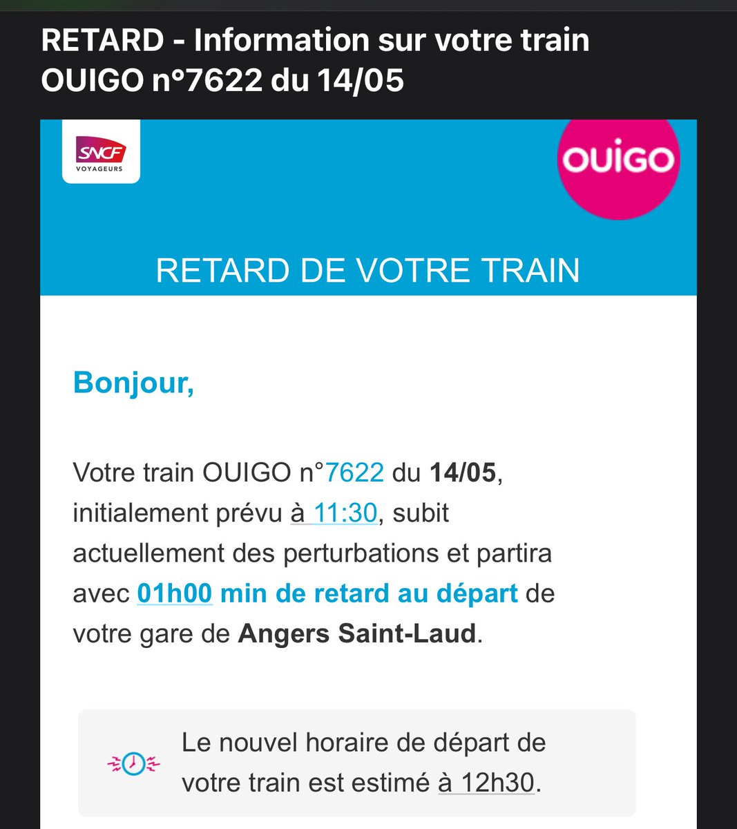Philippe DEWOST (@pdewost) on Twitter photo Le #TGV était le moyen le plus rapide d’arriver en retard. Désormais c’est aussi le plus efficace pour partir en retard. Être prévenu 30 min à l’avance d’un retard de 1h00 est une piètre consolation.
<a href="/GroupeSNCF/">Groupe SNCF</a> <a href="/SNCFVoyageurs/">SNCF Voyageurs</a> a vous de nous faire préférer le train ? Le #TGV était le moyen le plus rapide d’arriver en retard. Désormais c’est aussi le plus efficace pour partir en retard. Être prévenu 30 min à l’avance d’un retard de 1h00 est une piètre consolation.
<a href="/GroupeSNCF/">Groupe SNCF</a> <a href="/SNCFVoyageurs/">SNCF Voyageurs</a> a vous de nous faire préférer le train ?