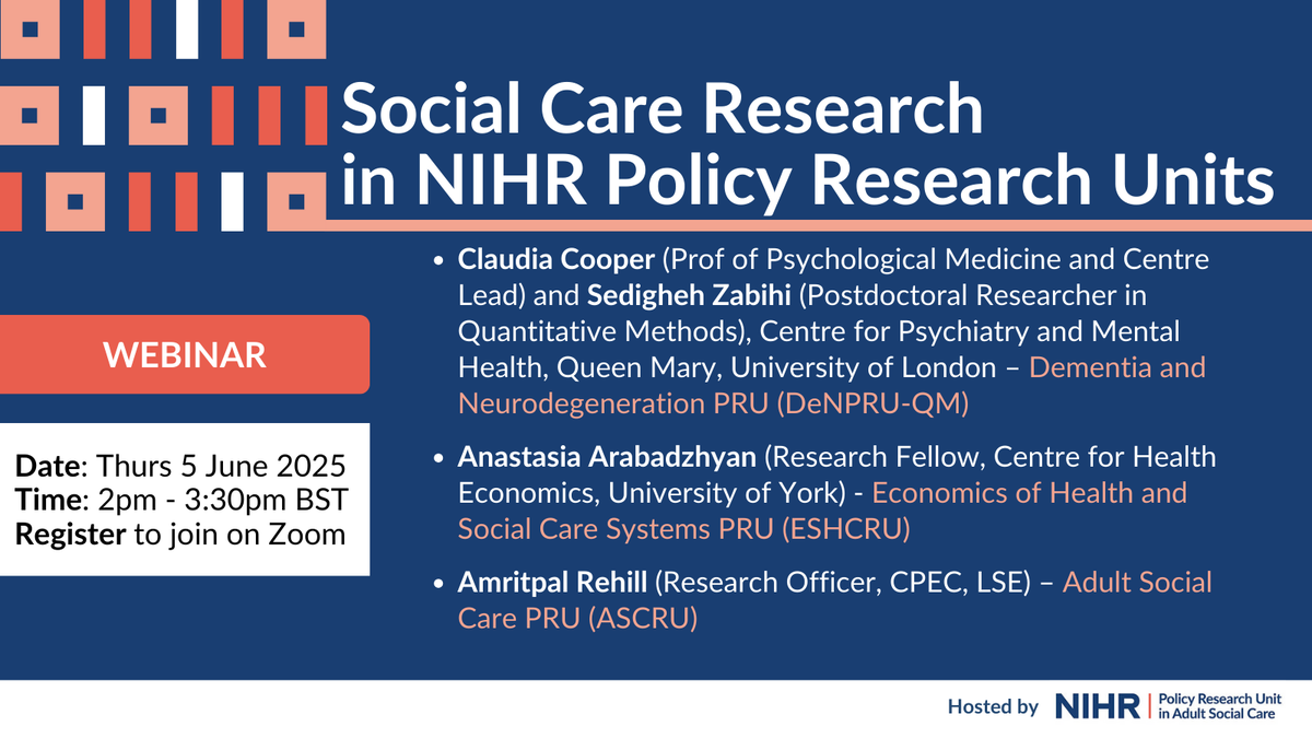 Care Policy and Evaluation Centre (@cpec_lse) on Twitter photo Announcing the next webinar on #SocialCare in <a href="/NIHRresearch/">National Institute for Health and Care Research</a> Policy Research Units! 📢
Join the Adult Social Care PRU (#ASCRU) on Thurs 5 June for presentations from Sedigheh Zabihi/ <a href="/ClaudiaACooper1/">Claudia</a>, Anastasia Arabadzhyan + Amritpal Rehill. 🗨️
REGISTER: lse.zoom.us/meeting/regist… Announcing the next webinar on #SocialCare in <a href="/NIHRresearch/">National Institute for Health and Care Research</a> Policy Research Units! 📢
Join the Adult Social Care PRU (#ASCRU) on Thurs 5 June for presentations from Sedigheh Zabihi/ <a href="/ClaudiaACooper1/">Claudia</a>, Anastasia Arabadzhyan + Amritpal Rehill. 🗨️
REGISTER: lse.zoom.us/meeting/regist…