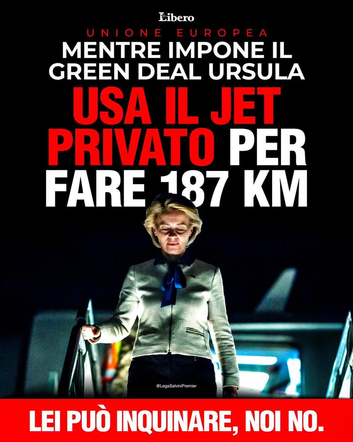 Noiconsalvini's tweet photo. 🔴 Mentre impone il Green Deal in UE, Ursula usa il jet privato per fare 187 km.
Altro che rispetto dell'ambiente: imposizioni del Green Deal per noi, jet privato per lei... https://t.co/BVbz2KcXyV
