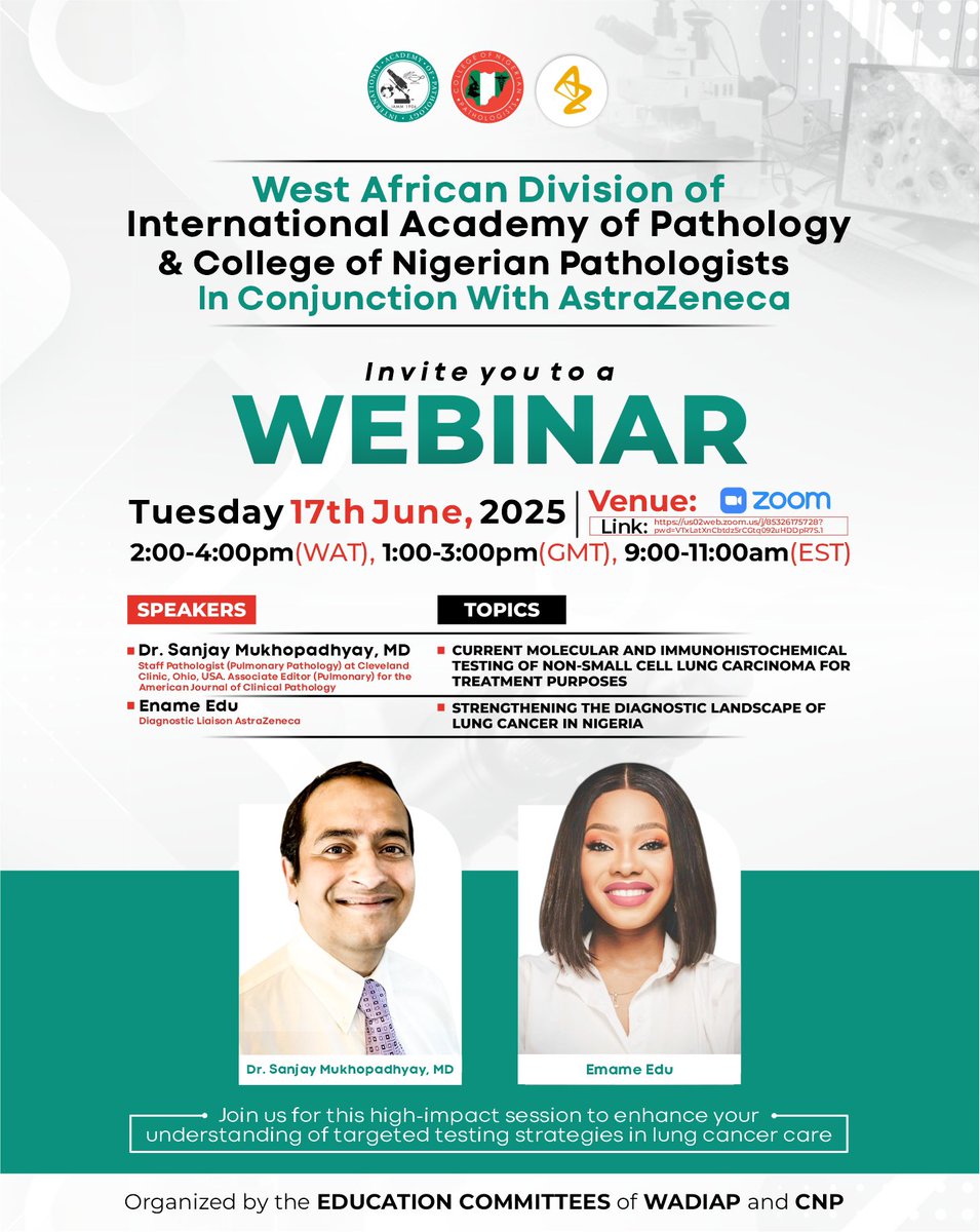 IAP African Assembly (@iapafrica) on Twitter photo The WADIAP and CNP invite you to an Educational Webinar in conjunction with <a href="/AstraZeneca/">AstraZeneca</a>
Date: Tuesday, 17th June, 2025
Time:
2:00-4:00pm (Nigeria)
1:00-3:00pm (Ghana)
9:00-11:00am (New York)
Venue: Virtual (Zoom) The WADIAP and CNP invite you to an Educational Webinar in conjunction with <a href="/AstraZeneca/">AstraZeneca</a>
Date: Tuesday, 17th June, 2025
Time:
2:00-4:00pm (Nigeria)
1:00-3:00pm (Ghana)
9:00-11:00am (New York)
Venue: Virtual (Zoom)