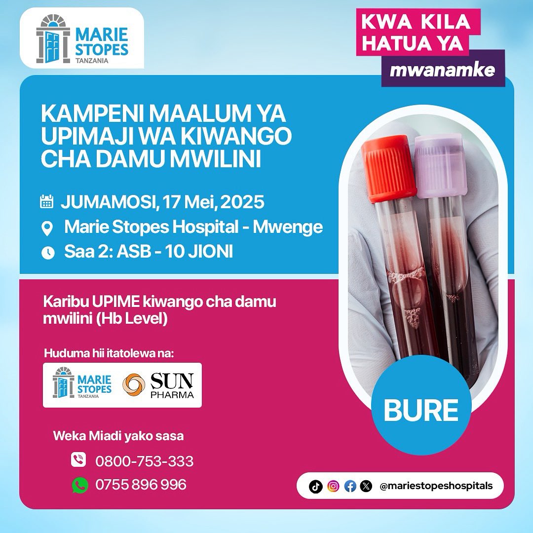 Marie Stopes Tanzania (@mariestopestza) on Twitter photo ππππ πππππ πππ ππππ πππππππ - πππππ ππ
ππ ππππ.
Afya yako ni muhimu - chukua hatua leo!
#UpimajiWaDamu #AfyaYakoMsingiWako #MarieStopesTanzania #HudumaBora #BureKabisa #DamuSalama #JaliAfyaYako #MwengeEvents #AfyaKwanza #KampeniYaAfya. ππππ πππππ πππ ππππ πππππππ - πππππ ππ
ππ ππππ.
Afya yako ni muhimu - chukua hatua leo!
#UpimajiWaDamu #AfyaYakoMsingiWako #MarieStopesTanzania #HudumaBora #BureKabisa #DamuSalama #JaliAfyaYako #MwengeEvents #AfyaKwanza #KampeniYaAfya.