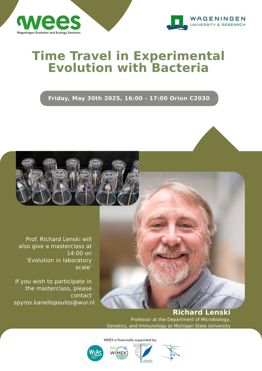 WEES Wageningen (@weeswageningen) on Twitter photo Very exciting event in Wageningen on the 30th of May! Join if you are interested in the longest evolution experiment and time travel in experimental evolution with bacteria!
<a href="/wageningen/">Wageningen</a> <a href="/WUR/">Wageningen U&R</a> @WEES @Evolution Very exciting event in Wageningen on the 30th of May! Join if you are interested in the longest evolution experiment and time travel in experimental evolution with bacteria!
<a href="/wageningen/">Wageningen</a> <a href="/WUR/">Wageningen U&R</a> @WEES @Evolution