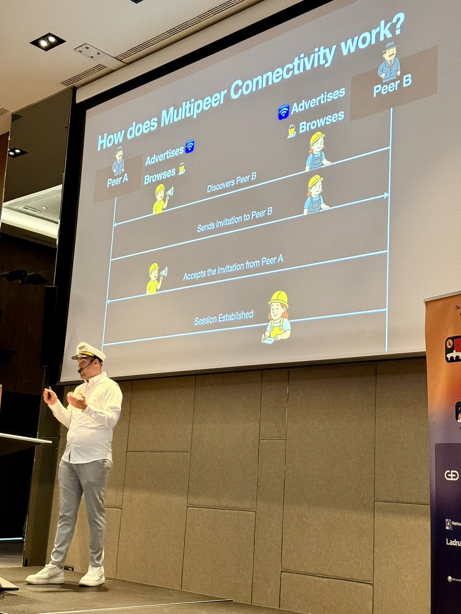 stefanjblos's tweet photo. @iOSKonf @AlexOzun After the first coffee break, @nikle22 is making quite the entrance in style.

He’s introducing the Multipeer connectivity framework for offline communication.

It’s a fascinating framework which -used in the right circumstances - allows for very interesting use-cases! https://t.co/B8qqh2gWSn