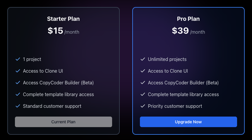 CopyCoderAI's tweet image. We've updated our pricing!
We noticed that a lot of users are confused about the credit system that we had - so we removed it entirely.
The new pricing is much simpler and just based on project usage:
1) STARTER Plan (existing plan)
· $15/month (stays the same as before!)
·…