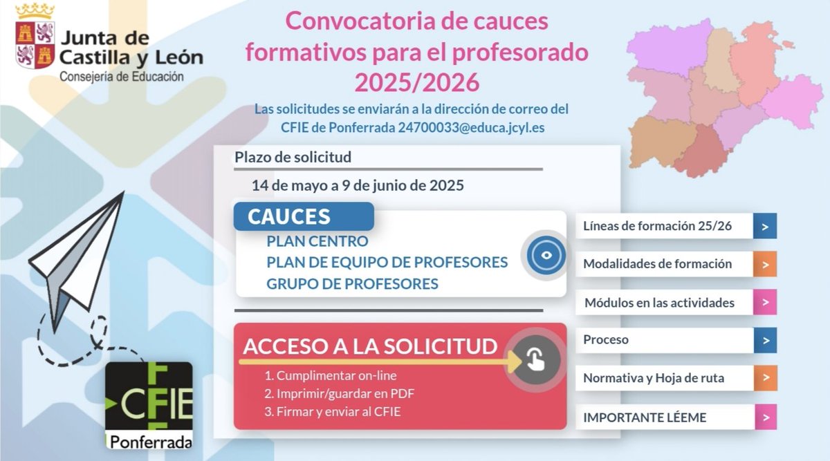 🚨 Llegó el momento para planificar tu #formacionCyL para el curso 25-26
Hasta el 9 de junio Abierta Convocatoria CUACES FORMACION DEL PROFESORADO <a href="/educacyl/">Educación JCyL</a> 
ℹ️bit.ly/3F8vYYs
No dudes en consultar a tu asesor de referencia <a href="/CFIE_Ponferrada/">CFIE_Ponferrada</a> 
#DandoPasosaTuLado