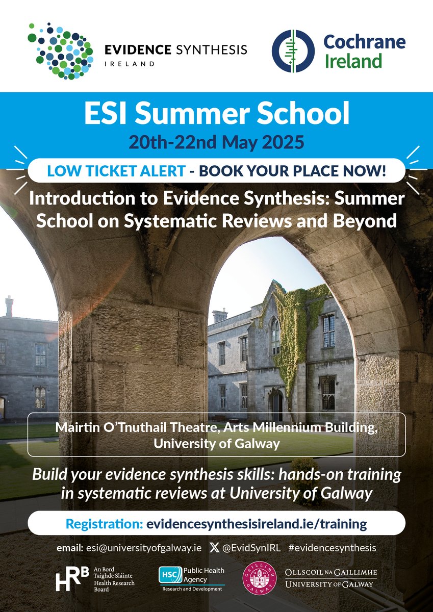 ESI Summer School - “Introduction to Evidence Synthesis.” This course is tailored for beginners and those looking to refresh their skills.

Tickets are selling out fast, and the last few places remain.

 Book now to secure your spot: evidencesynthesisireland.ie/training/summe…