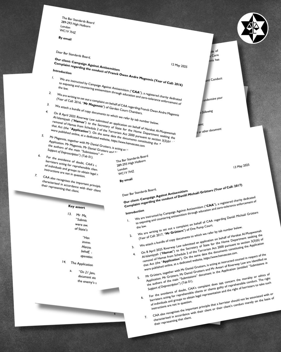 We have reported Franck Magennis and Daniël Michaël Grütters to <a href="/barstandards/">Bar Standards Board</a>.

Mr Magennis and Mr Grütters are barristers who are working for Hamas on its desperate bid to get the group deproscribed in the UK.

Upon reviewing the application for deproscription, it is evident
