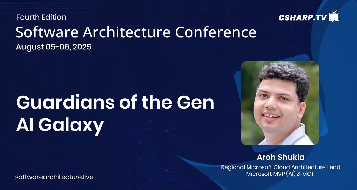 CSharp.TV (@csharpdottv) on Twitter photo 🚀 Meet our next speaker: <a href="/aaroh_bits/">Aroh Shukla</a> – Microsoft MVP (AI), Cloud Architecture Lead & MCT! He’s diving into Guardians of the Gen AI Galaxy at #SoftwareArchitectureConf 2025.
🗓️ Aug 5–6, 2025
🌐 Register: softwarearchitecture.live
#GenAI #AI #Microsoft #SoftwareArchitecture 🚀 Meet our next speaker: <a href="/aaroh_bits/">Aroh Shukla</a> – Microsoft MVP (AI), Cloud Architecture Lead & MCT! He’s diving into Guardians of the Gen AI Galaxy at #SoftwareArchitectureConf 2025.
🗓️ Aug 5–6, 2025
🌐 Register: softwarearchitecture.live
#GenAI #AI #Microsoft #SoftwareArchitecture