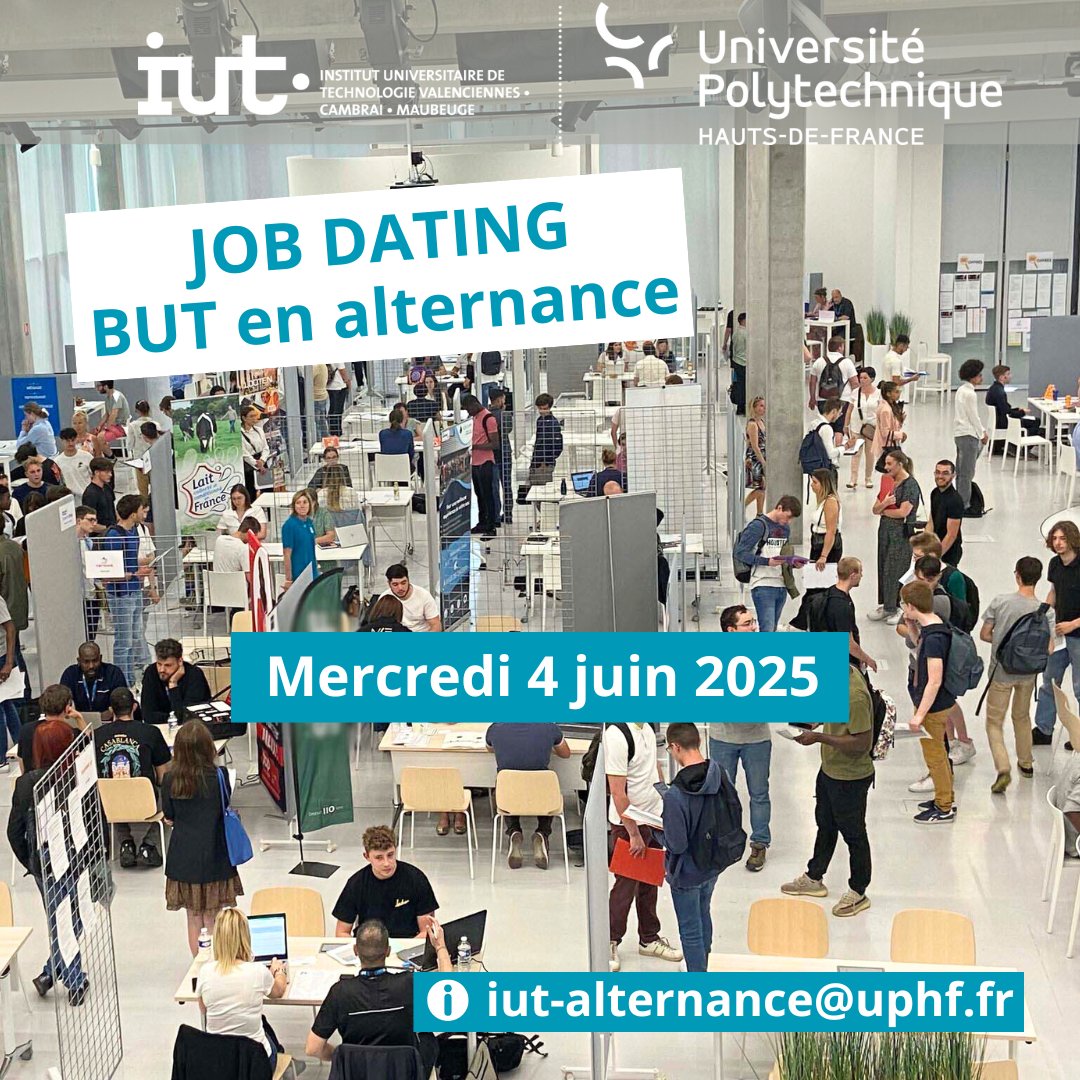 #Job Dating #IUT | #Entreprises📅04-06-25 ⏰13:30-17:00💥Rencontrez les candidats en #alternance dans nos 8 spécialités de #BUT à #Valenciennes #Cambrai #Maubeuge
🔴Inscription uphf.fr/u/7me83hℹ️iut-alternance@uphf.fr
#uphf #gea #geii #gim #gmp #info #mp #qlio #tc #emploi