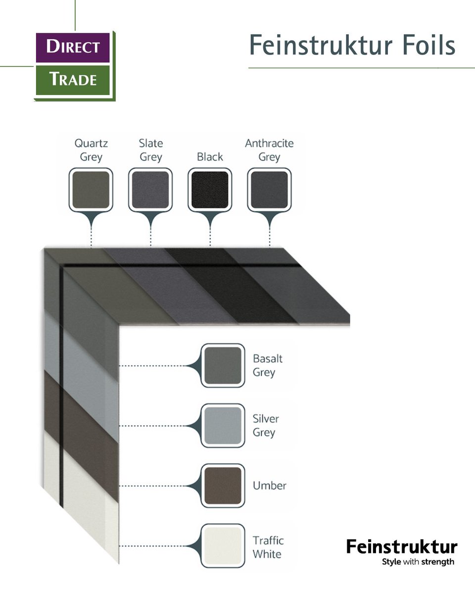 ◆Feinstruktur - 8 Colours. Endless Possibilities. ◆

The VEKA Feinstruktur foil range brings a brand-new, powder-coated aluminium look to PVCu – with all the benefits of durability, energy efficiency, and low maintenance.

Visit: directtradeltd.co.uk