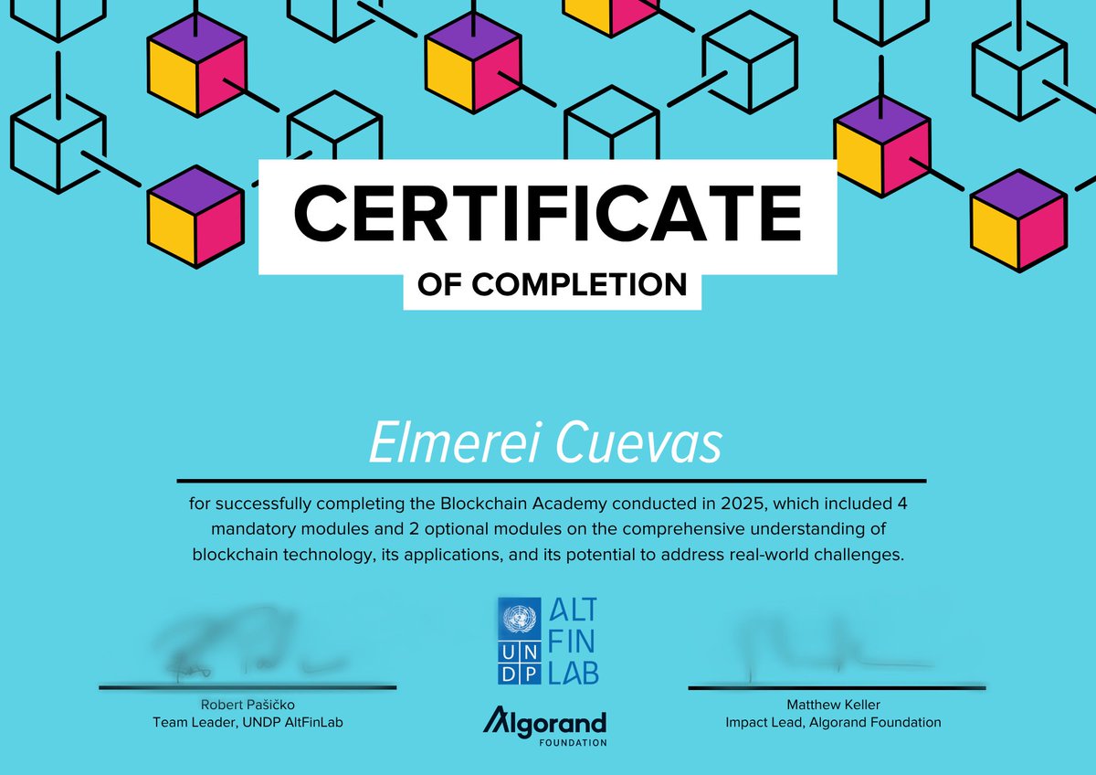 elmereimagine's tweet image. Privileged to have completed the first #BlockchainAcademy conducted by UNDP AltFinLab in partnership with the Algorand Foundation . 

Looking forward to opportunities to apply these learnings in our development work. 🫡
