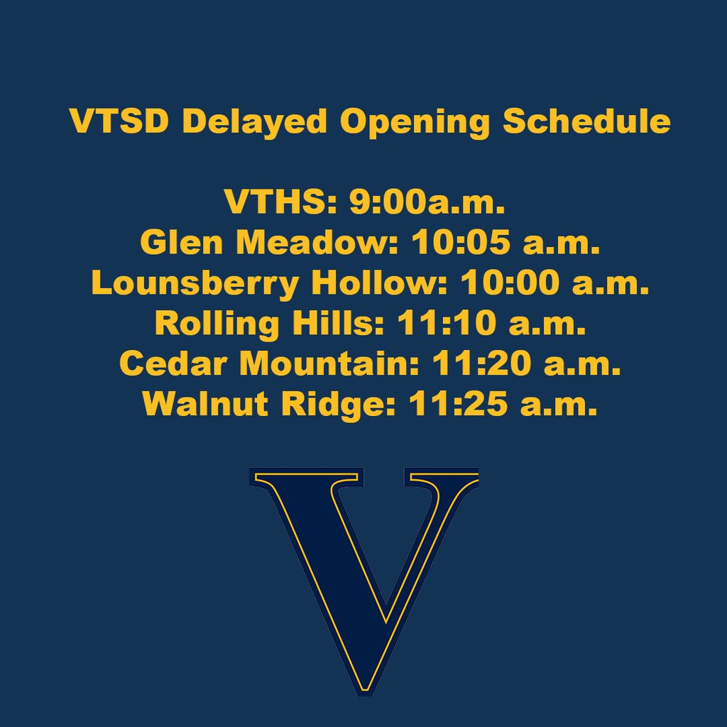 Due to a unexpected power outage VTSD will be operating on a delayed opening schedule. An update will be provided by 7:30am.