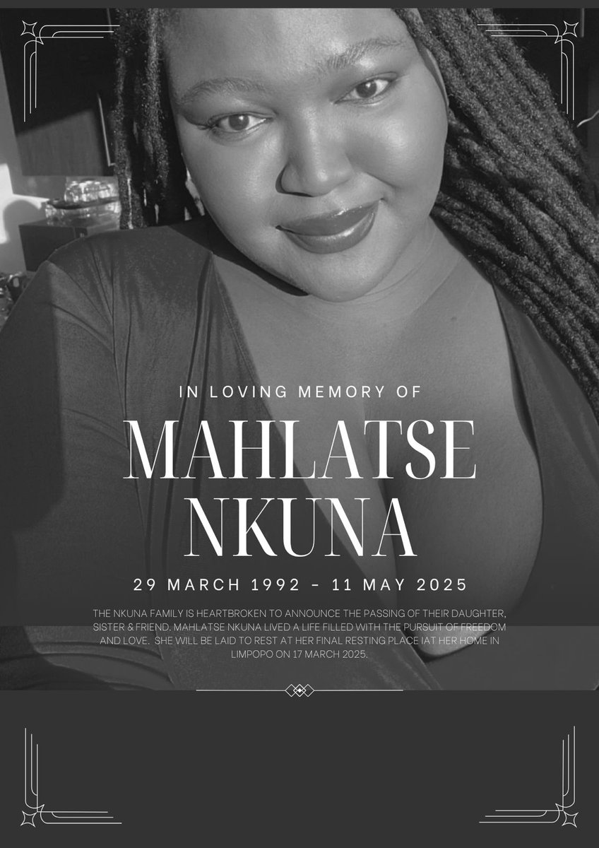 miz_thabz's tweet photo. It is with heavy hearts that we announce the passing on of our beloved Hlatse . https://t.co/622hGMRV1L