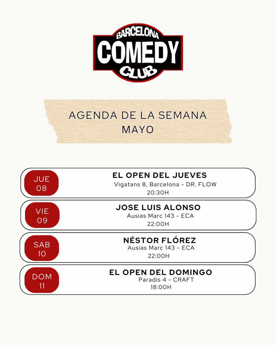 Esta semana:

Jueves 20:30 el comedy en el flow
Viernes 22:00 Comedy selection: José Luís Alonso
Sábado 22:00 Comedy selection: Néstor Flórez 
Domingo 18:00 el Comedy en Craft