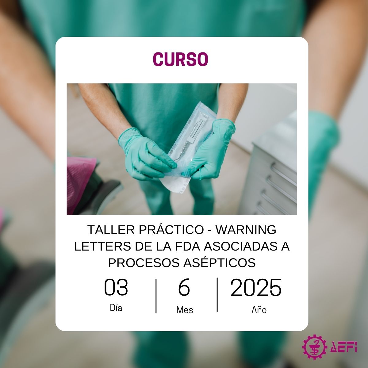 🔍 Nuevo taller sobre Warning Letters de la FDA en procesos asépticos

¿Trabajas en la fabricación de medicamentos estériles? Este curso es para ti.

📅03/06/2025
📍Online – Plataforma Zoom
🕗De 15:30h a 18:30h

🗓️ ¡Consulta la agenda y asegura tu plaza!

aefi.org/eventos/taller…