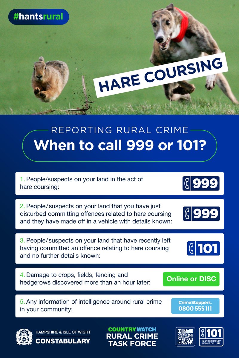 Reporting Rural Crime - When to call 999 or 101 - Advice on Fish Poaching, Vehicle and Machinery Theft and Hare Coursing.  ** Help us Tackle Rural Crime in Hampshire and Isle of Wight ** #HantsRural #10625