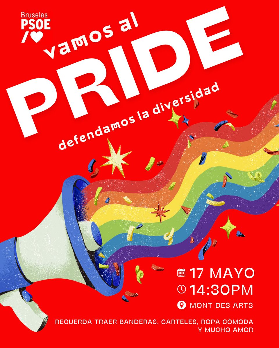 📣 Este sábado nos unimos al Pride de Bruselas para celebrar la diversidad y alzar la voz por los derechos LGTBIQ+

Desde el PSOE Bruselas marcharemos:
✊ ¡Sí a una Europa de igualdad, libertad y orgullo!
✊ ¡Sí a una Europa más segura y diversa!

🏳️‍🌈 ¡Nos vemos en las calles!