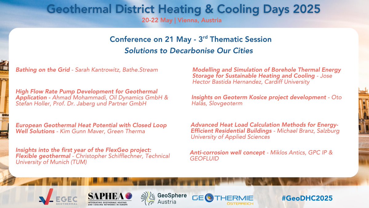 EGEC (@egec_geothermal) on Twitter photo ♨️❄️ GDHC Days 2025 are coming soon!
📅 20–22 May | 📍 Vienna, Austria
Don’t miss the "Solutions to Decarbonise Our Cities" session on 21 May, moderated by Stefan Hoyer (<a href="/GeoSphere_AT/">geosphere.at</a>) — featuring top experts and innovations in geothermal heating and cooling:
🔸Bathing on the ♨️❄️ GDHC Days 2025 are coming soon!
📅 20–22 May | 📍 Vienna, Austria
Don’t miss the "Solutions to Decarbonise Our Cities" session on 21 May, moderated by Stefan Hoyer (<a href="/GeoSphere_AT/">geosphere.at</a>) — featuring top experts and innovations in geothermal heating and cooling:
🔸Bathing on the