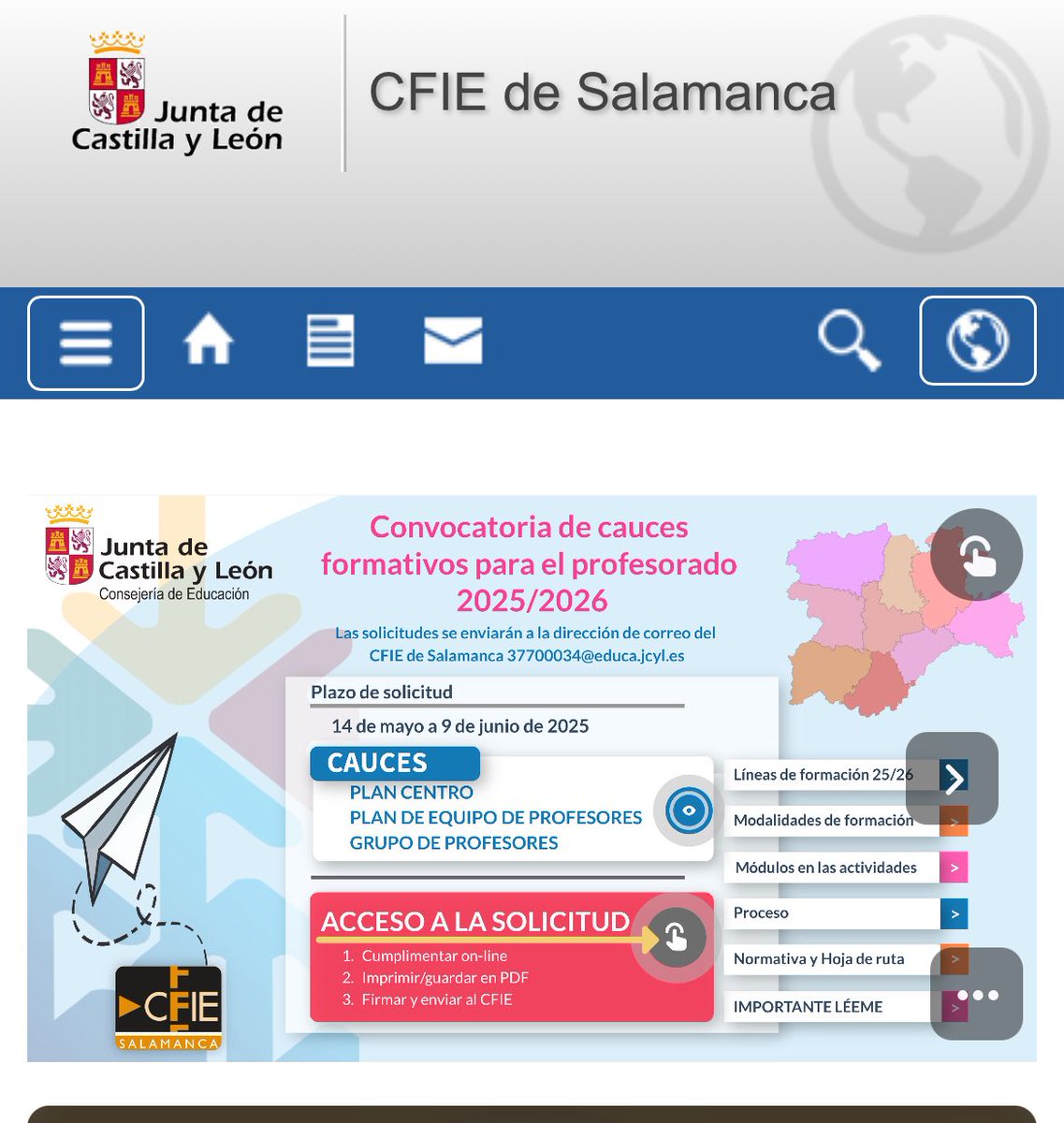 CFIE SALAMANCA (@cfiesalamanca) on Twitter photo ¡CONVOCATORIA DE CAUCES
FORMATIVOS CURSO 25/26!
Desde el 14 de mayo hasta el 9 de junio está abierto el plazo para solicitar cauces formativos para el curso 25/26. <a href="/educacyl/">Educación JCyL</a>
Información y solicitud en la Web cfiesalamanca.centros.educa.jcyl.es/sitio/
#formaciónCyL ¡CONVOCATORIA DE CAUCES
FORMATIVOS CURSO 25/26!
Desde el 14 de mayo hasta el 9 de junio está abierto el plazo para solicitar cauces formativos para el curso 25/26. <a href="/educacyl/">Educación JCyL</a>
Información y solicitud en la Web cfiesalamanca.centros.educa.jcyl.es/sitio/
#formaciónCyL