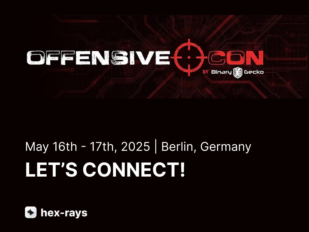 Hex-Rays SA (@hexrayssa) on Twitter photo We're looking forward to <a href="/offensive_con/">offensivecon</a> this week! We're proud to be partnering with <a href="/Blackhoodie_RE/">Blackhoodie</a> to bring a 1-day free training for women, by women.
If you're there, we'd love to meet up! Catch us in the hallway for a casual chat, or book something more formal via the link We're looking forward to <a href="/offensive_con/">offensivecon</a> this week! We're proud to be partnering with <a href="/Blackhoodie_RE/">Blackhoodie</a> to bring a 1-day free training for women, by women.
If you're there, we'd love to meet up! Catch us in the hallway for a casual chat, or book something more formal via the link