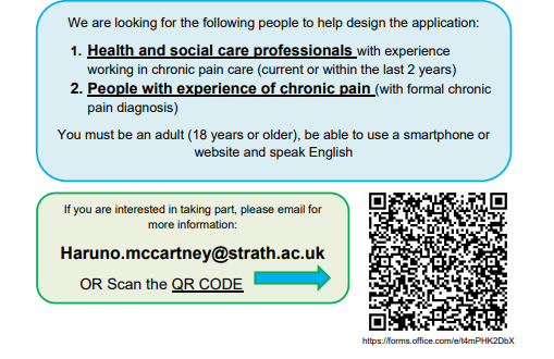 The University of Strathclyde are conducting research to develop a digital health solution (app and/or website) to support clinicians in the care of patients with chronic pain.

More information can be found below.