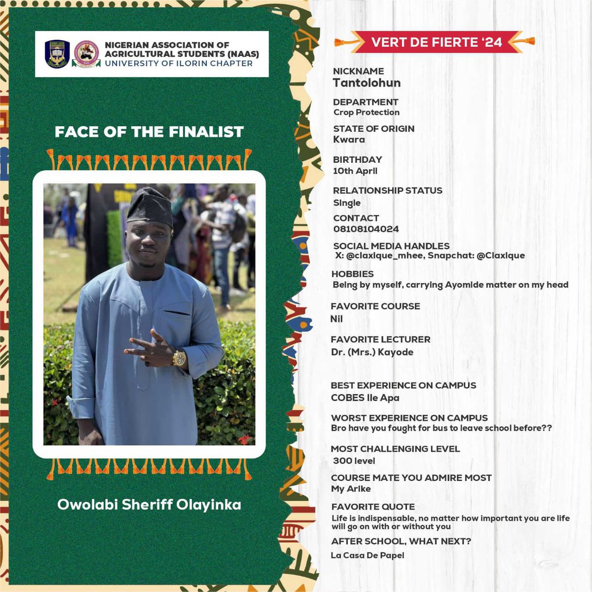 VertDeFierte's tweet photo. These three are good ambassadors of our prestigious class, one the very few friendships that has lasted from 100 level to 500l. We celebrate you three ❤️

Faces of finalists 
VDF24 

@decentofFOA 🫡
Usman 😎
Sheriff 💙 https://t.co/A7O3Pe8CQc