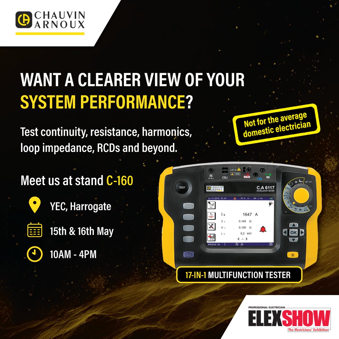 Chauvin Arnoux UK (@chauvinuk) on Twitter photo Only 1 day to go for <a href="/Elexshow/">Elex Trade Show</a> Harrogate!
Right from testing continuity, resistance, harmonics and beyond, this multifunction tester has 17 in-built functions to make everyday electrical jobs a breeze.
Want to see a live demonstration?
📍 Join us tomorrow at Stand C-160 Only 1 day to go for <a href="/Elexshow/">Elex Trade Show</a> Harrogate!
Right from testing continuity, resistance, harmonics and beyond, this multifunction tester has 17 in-built functions to make everyday electrical jobs a breeze.
Want to see a live demonstration?
📍 Join us tomorrow at Stand C-160