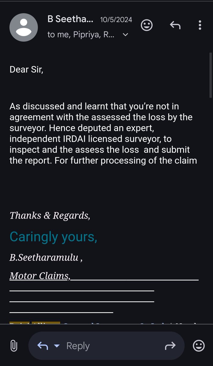 shiv481's tweet image. 1/2
Exactly 1 year ago, I raised a claim with Bajaj Allianz. They partially approved it despite repair costs &amp;gt;50k. As per IRDAI rules, a certified surveyor should’ve been appointed, but they refused until I mentioned going to the Ombudsman. #Insurance #ClaimIssue @BajajAllianz