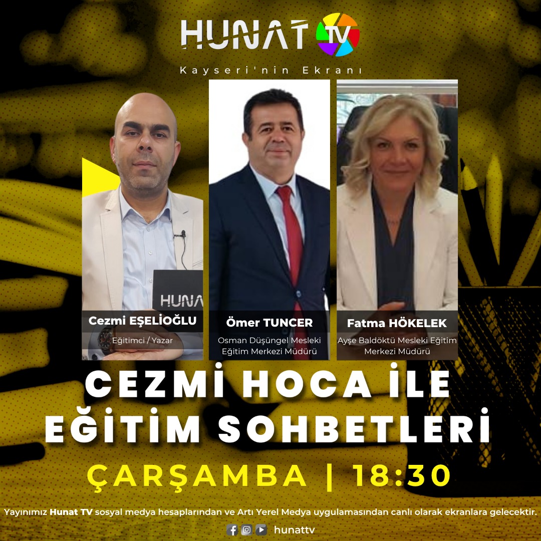 Hunat TV (@hunattv) on Twitter photo Osman Düşüngel Mesleki Eğitim Merkezi Müdürü Ömer Tuncer ve Ayşe Baldöktü Mesleki Eğitim Merkezi Müdürü Fatma Hökelek, Eğitimci/Yazar Cezmi Eşelioğlu'nun sunduğu Cezmi Hoca İle Eğitim Sohbetleri programının konuğu oluyor 😊
🗓️Bu akşam
⏰ 18.30
<a href="/CezmiEselioglu/">Cezmi EŞELİOĞLU</a> Osman Düşüngel Mesleki Eğitim Merkezi Müdürü Ömer Tuncer ve Ayşe Baldöktü Mesleki Eğitim Merkezi Müdürü Fatma Hökelek, Eğitimci/Yazar Cezmi Eşelioğlu'nun sunduğu Cezmi Hoca İle Eğitim Sohbetleri programının konuğu oluyor 😊
🗓️Bu akşam
⏰ 18.30
<a href="/CezmiEselioglu/">Cezmi EŞELİOĞLU</a>