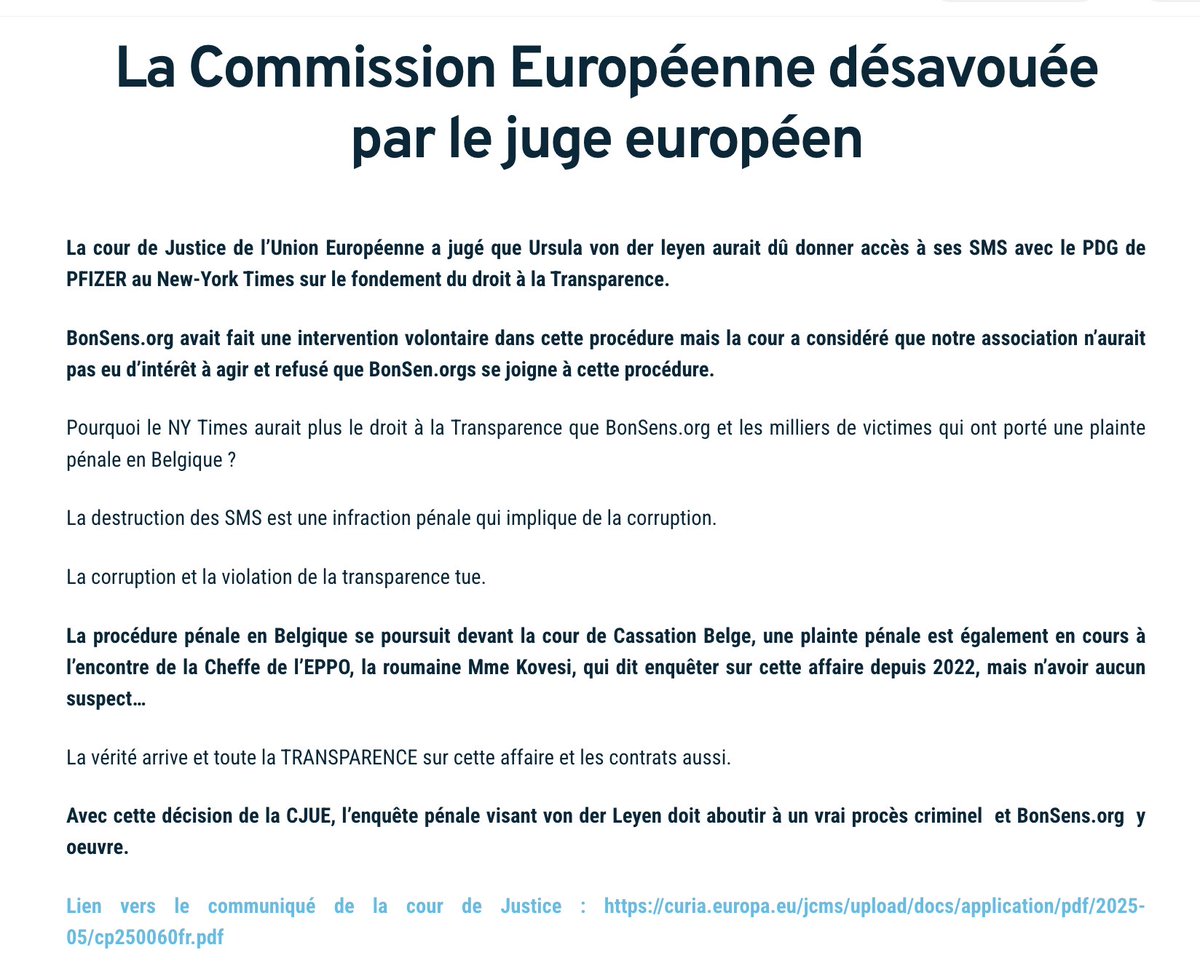BonSens.Org (@bonsensorg) on Twitter photo 🚨 La Commission Européenne désavouée par le juge européen
La cour de Justice de l’Union Européenne a jugé que Ursula von der Leyen aurait dû donner accès à ses SMS avec le PDG de PFIZER au <a href="/nytimes/">The New York Times</a> sur le fondement du droit à la Transparence.
<a href="/BonsensOrg/">BonSens.Org</a> avait fait une 🚨 La Commission Européenne désavouée par le juge européen
La cour de Justice de l’Union Européenne a jugé que Ursula von der Leyen aurait dû donner accès à ses SMS avec le PDG de PFIZER au <a href="/nytimes/">The New York Times</a> sur le fondement du droit à la Transparence.
<a href="/BonsensOrg/">BonSens.Org</a> avait fait une