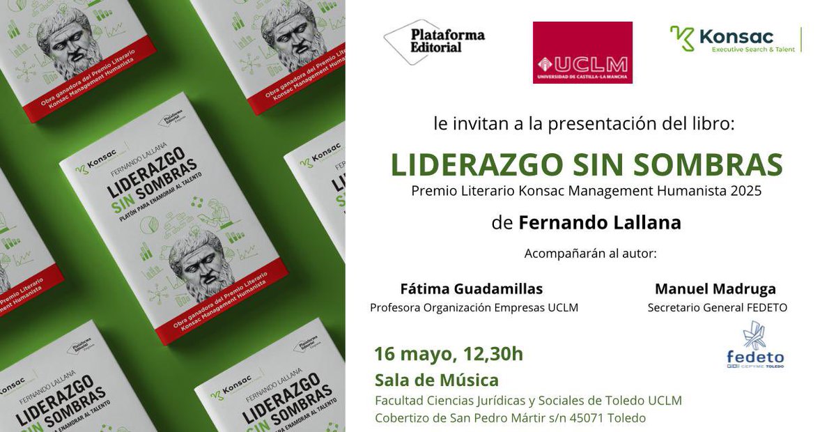 “Liderazgo sin sombras” en la <a href="/uclm_es/">Universidad de Castilla-La Mancha</a> de la que fui alumno y ahora docente.

👉 viernes 16 de mayo, 12,30h. 

Gracias <a href="/GuadamillasG/">Fátima Guadamillas G 🇪🇸🇺🇦</a> y Manuel Madruga, secretario general de <a href="/fedetoempresas/">Fedeto</a> 

Gracias <a href="/Konsac_Group/">Konsac</a> y <a href="/PlataformaEdit/">Plataforma Editorial</a> 🫶

#libro #management #liderazgo