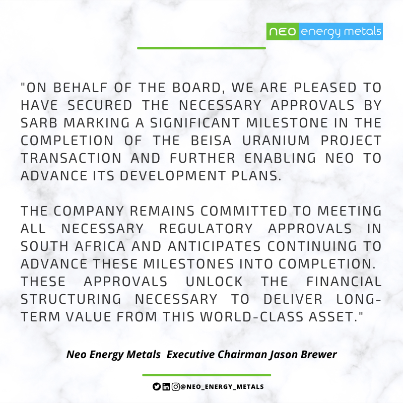 NEO Energy Metals (@neoenergymetals) on Twitter photo ⚒Key SARB Approvals Received for Beisa Uranium Project Transaction
View RNS 📃➡ londonstockexchange.com/news-article/N…
#NEO #BeisaProjects #Uranium #SouthAfrica #EnergyTransition
<a href="/SAReserveBank/">SA Reserve Bank</a> ⚒Key SARB Approvals Received for Beisa Uranium Project Transaction
View RNS 📃➡ londonstockexchange.com/news-article/N…
#NEO #BeisaProjects #Uranium #SouthAfrica #EnergyTransition
<a href="/SAReserveBank/">SA Reserve Bank</a>