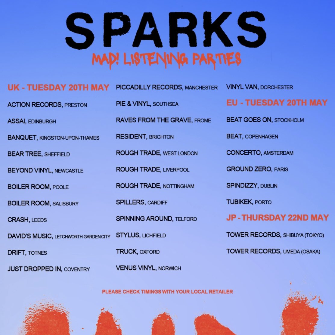 Piccadilly Records (@piccadillyrecs) on Twitter photo 🎧 LISTENING PARTY 🎧
Join next Tuesday May 20th at 5pm when we’ll be pressing play on the latest album from <a href="/sparksofficial/">S P A R K S</a> ‘Mad!’ a couple of days before its official release on Friday the 23rd.
Entry is FREE and we have prizes to give away too!
piccadillyrecords.com/159629/Sparks-… 🎧 LISTENING PARTY 🎧
Join next Tuesday May 20th at 5pm when we’ll be pressing play on the latest album from <a href="/sparksofficial/">S P A R K S</a> ‘Mad!’ a couple of days before its official release on Friday the 23rd.
Entry is FREE and we have prizes to give away too!
piccadillyrecords.com/159629/Sparks-…