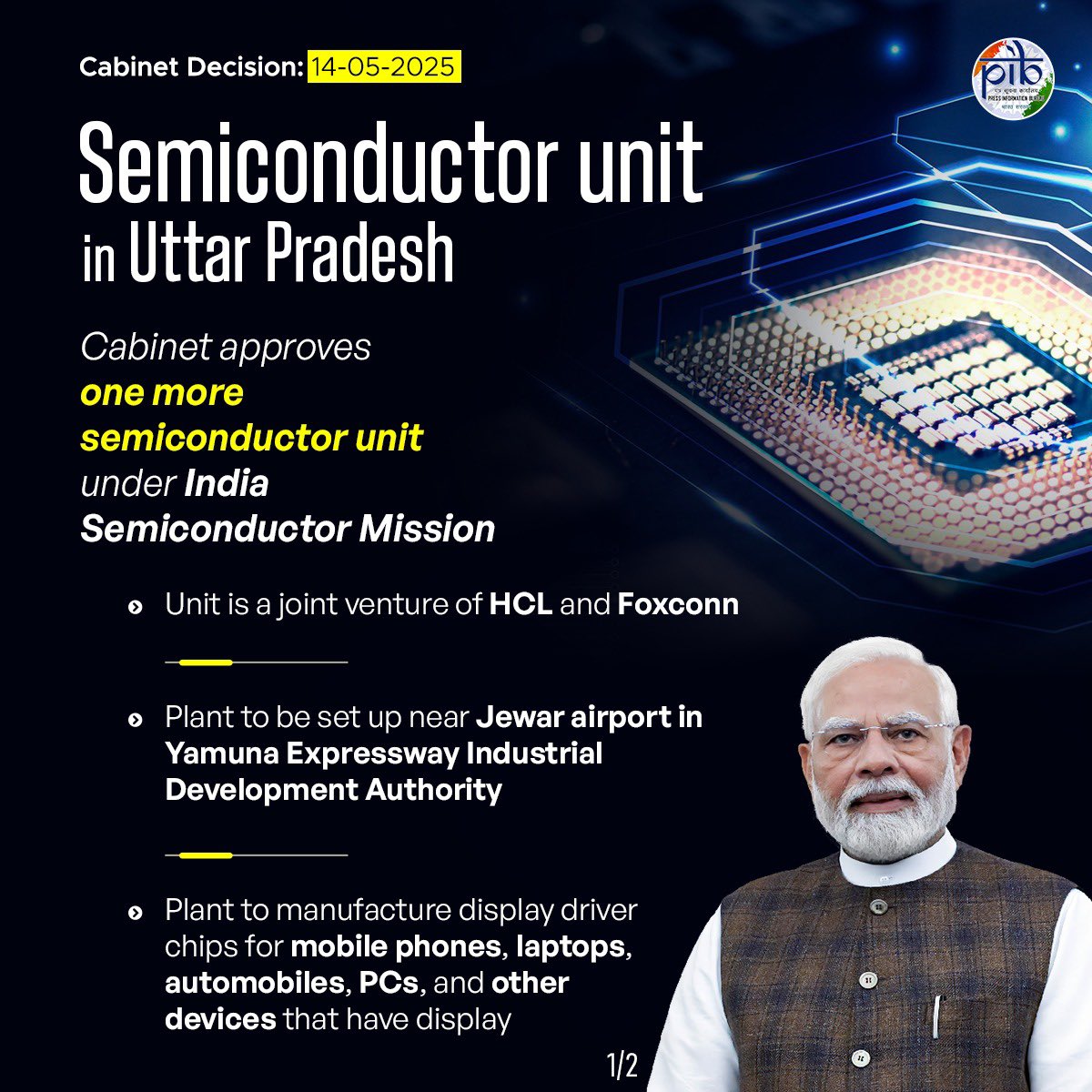 Dr.L.Murugan (@murugan_mos) on Twitter photo Under the visionary leadership of Hon'ble Prime Minister Shri.<a href="/narendramodi/">Narendra Modi</a> ji, the Union Cabinet has approved a new semiconductor unit, a collaborative venture between HCL and Foxconn, to be set up near Jewar airport, Uttar Pradesh.
This strategic move is expected to attract Under the visionary leadership of Hon'ble Prime Minister Shri.<a href="/narendramodi/">Narendra Modi</a> ji, the Union Cabinet has approved a new semiconductor unit, a collaborative venture between HCL and Foxconn, to be set up near Jewar airport, Uttar Pradesh.
This strategic move is expected to attract