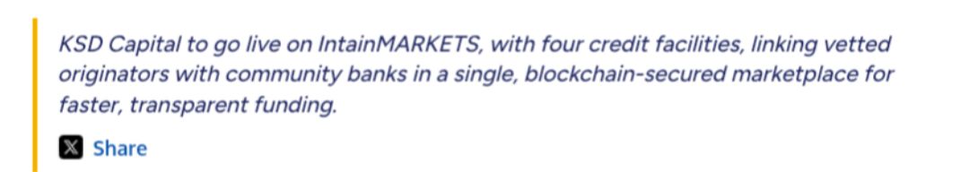 SidIntain1's tweet image. Integrated data ops with automation of operational tasks, across stakeholders connected on a blockchain network, is the value IntainMARKETS brings.
This is why we are able to work with regional and community banks, away from the 'RWA tokenization' glare.
businesswire.com/news/home/2025…