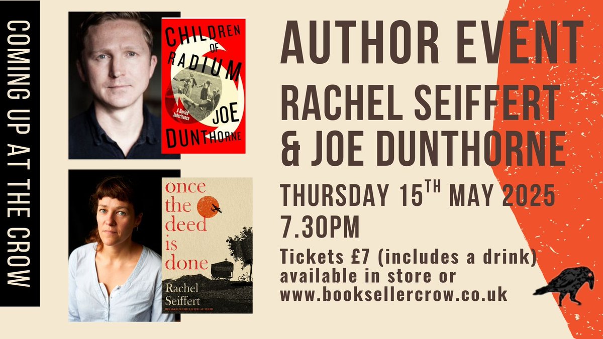 Final call! Do not miss tomorrow night's event when we have top authors, Joe Dunthorne and Rachel Seiffert, in conversation with Lennie Goodings who is head publisher at Virago.
Ticket price includes a beer or wine: booksellercrow.co.uk/event/author-e…