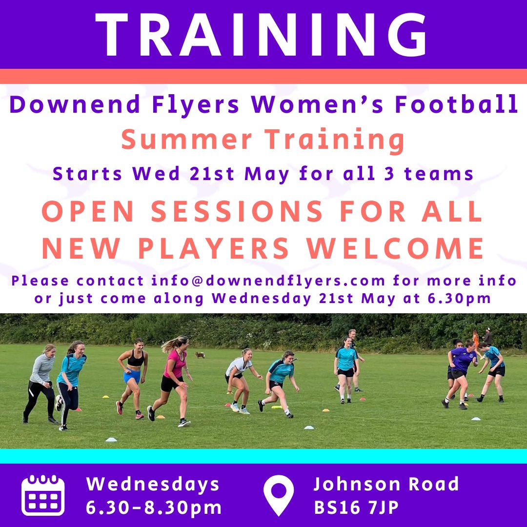 Women’s Open Training starts Wed 21 May, 6:30–8:30pm at Johnson Road, BS16 7JP – running May &amp; June!

Open to all abilities across our 3 teams.
Looking for players to strengthen our Tier 6 First Team!

Come join the Flyers family!

#WomensFootball #Bristol #OpenTraining #JoinUs