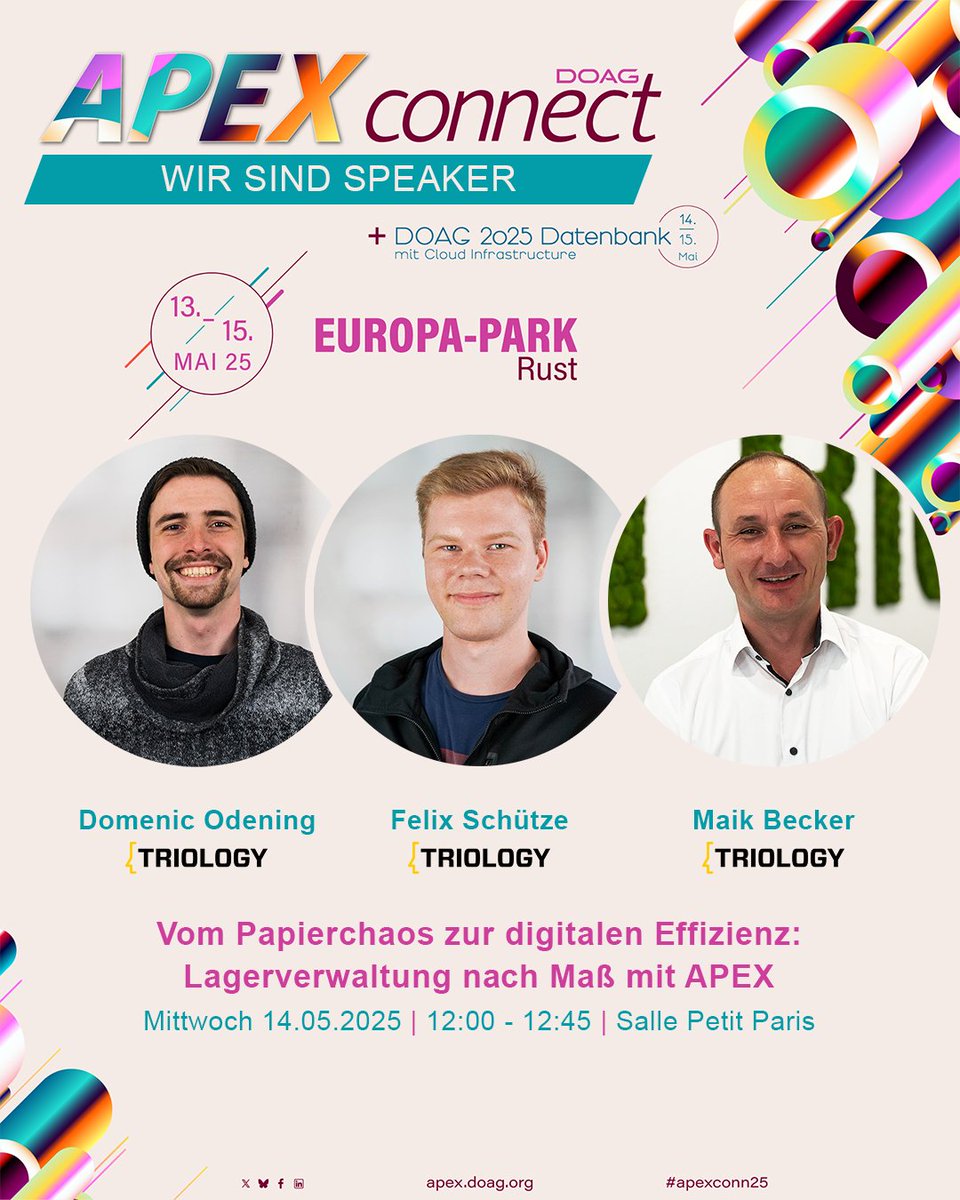 Gleich geht's für uns in die nächste Runde! 🎤💬
Um 𝟭𝟮:𝟬𝟬 𝗨𝗵𝗿 im 𝗦𝗮𝗹𝗹𝗲 𝗣𝗲𝘁𝗶𝘁 𝗣𝗮𝗿𝗶𝘀 dreht sich im Solution Vortrag von Felix Schütze, <a href="/beckerman_maik/">Maik Becker 🇺🇦</a> und <a href="/dome_nicci/">Nicci</a> alles um die smarte Lagerverwaltung mit #orclapex! 🚰📦🚛
#apexconn25