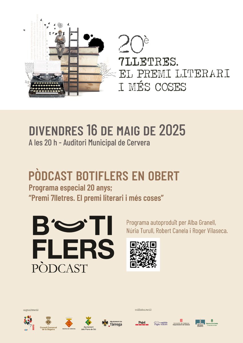 #7lletres ha arribat a la 20a edició. Volem celebrar-ho parlant de #MdePedrolo i compartint taula rodona amb alguns dels protagonistes d'aquests vint anys
‼️ Pòdcast Botiflers en obert 
🗓️ 16/05/2025
🕗 20 h
📌 Auditori municipal Cervera 
<a href="/ccsegarra/">Consell Comarcal de la Segarra</a> <a href="/paeriacervera/">Paeria de Cervera</a> <a href="/culturatarrega/">Cultura Tàrrega</a>