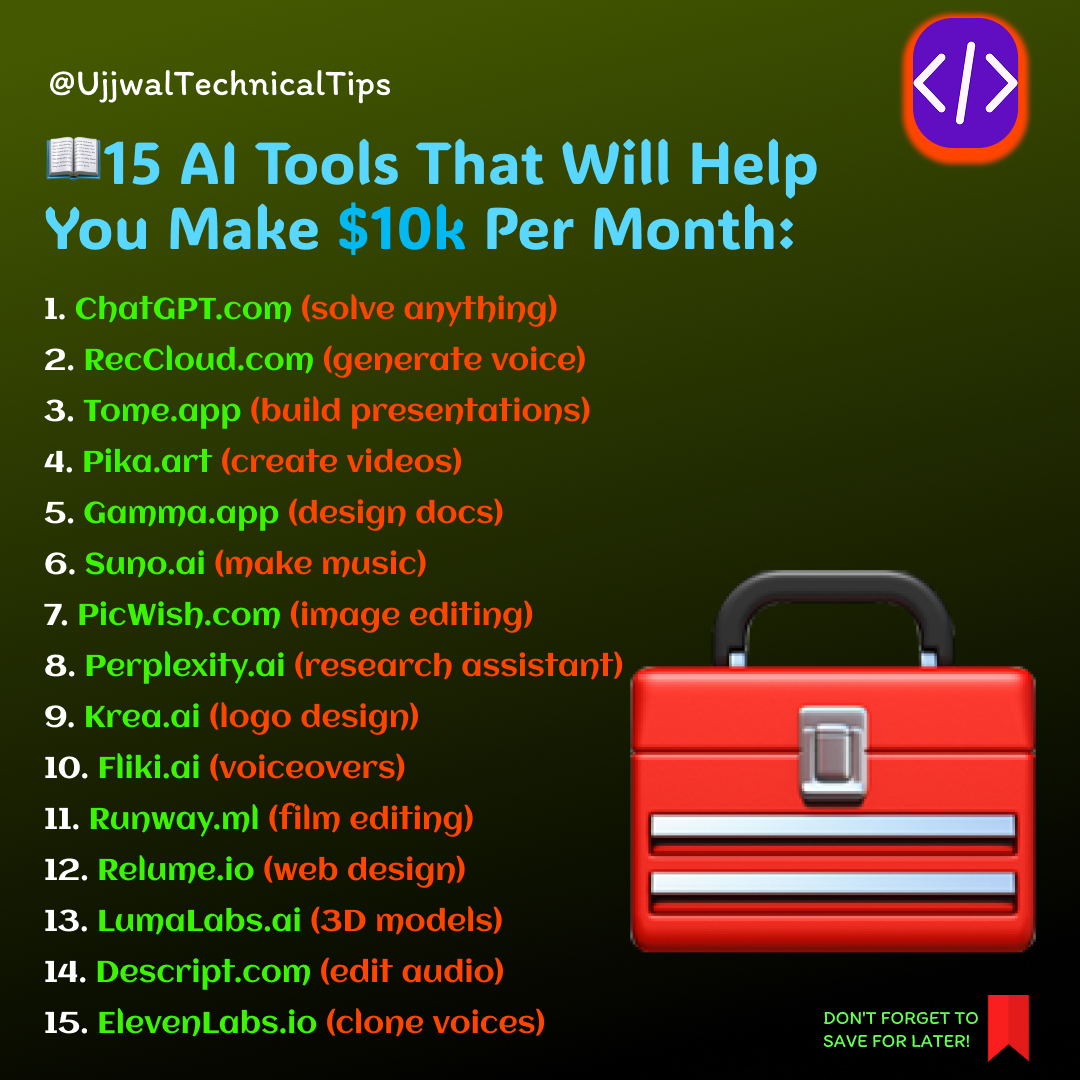 pushpendratips's tweet image. 📖15 AI Tools That Will Help
You Make $10k Per Month:
#AITools2025 #BestAITools #ArtificialIntelligence #FutureTech #ProductivityTools #coder #javascript