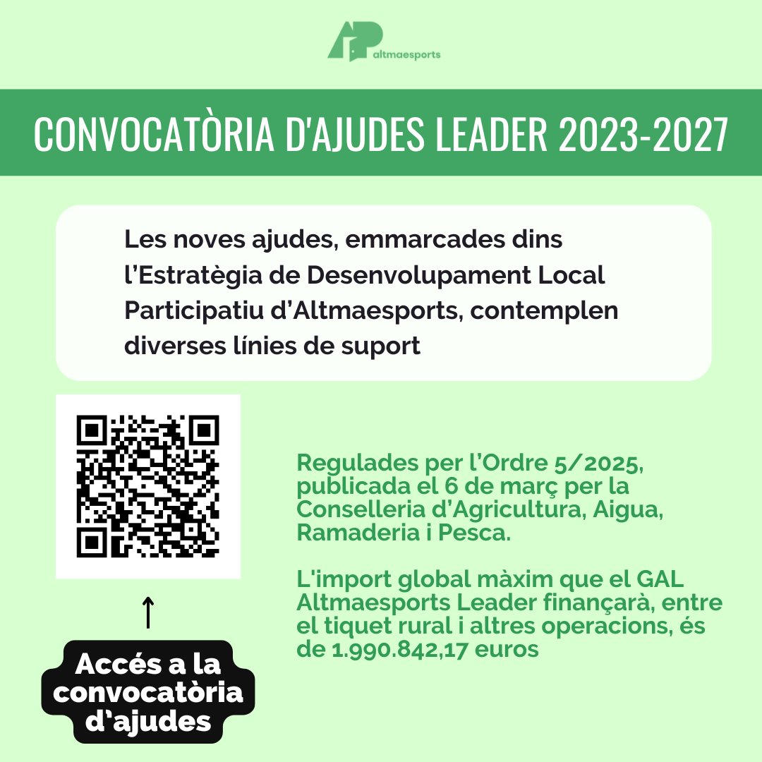 ❗ La convocatòria d'ajudes LEADER 2023-2027 ja s'ha publicat!

👉 Les noves ajudes, emmarcades dins l’Estratègia de Desenvolupament Local Participatiu d’Altmaesports, contemplen diverses línies de suport

🔎 Tota la informació es pot consultar ací: altmaesports.org/publicacion-ay…