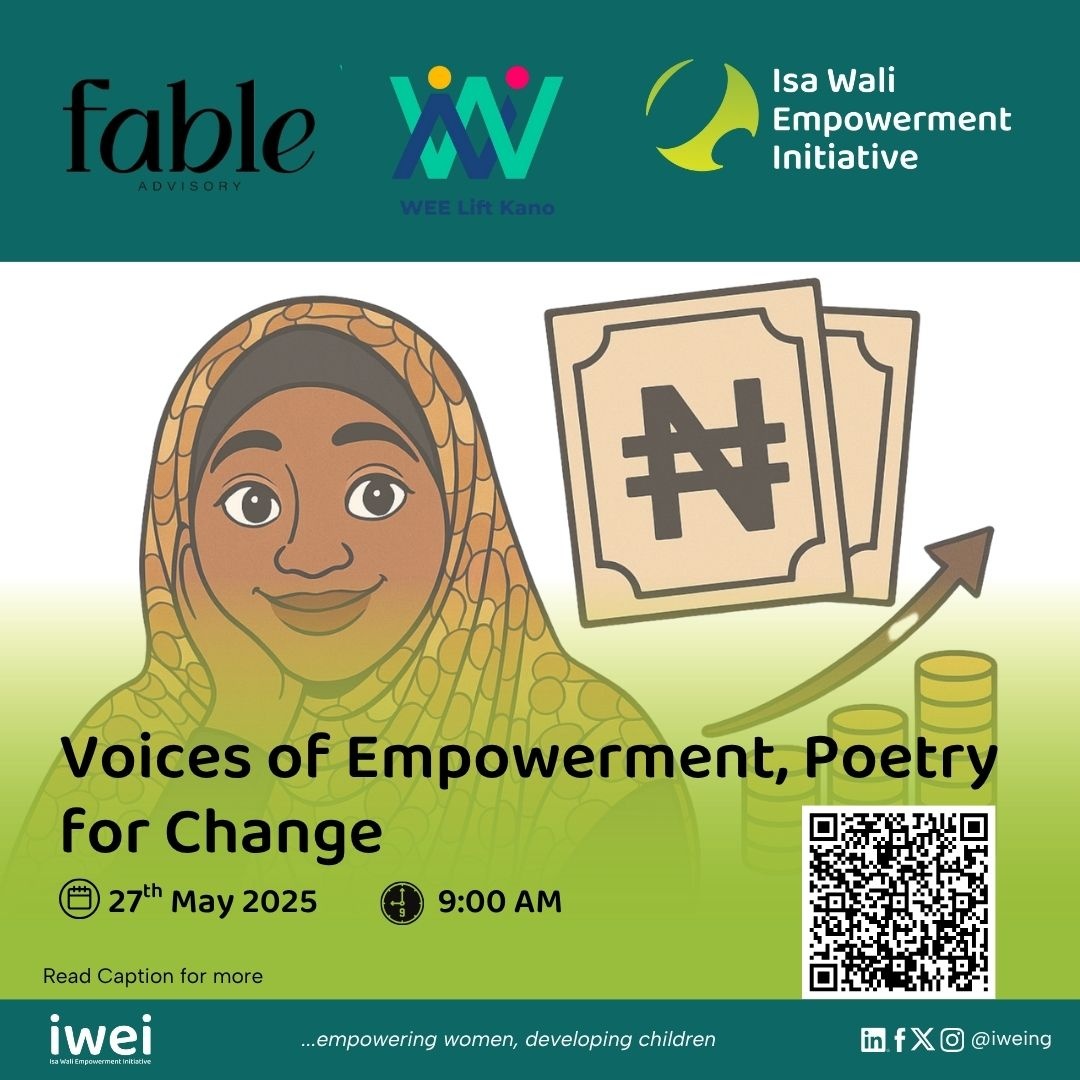 Isa Wali Empowerment Initiative (IWEI) (@iweing) on Twitter photo Together with <a href="/fableadvisory/">Fable Advisory</a>, we are shining a light on Women Economic Empowerment (WEE) policy in Kano, through poetry! 💬🔥
Expect; a stage play
🎤 Spoken words performances
🏆 Poetry slam
📅 Tuesday, 27th May
🕘 9:00 AM
📝 Register now lght.ly/h2n21m8 Together with <a href="/fableadvisory/">Fable Advisory</a>, we are shining a light on Women Economic Empowerment (WEE) policy in Kano, through poetry! 💬🔥
Expect; a stage play
🎤 Spoken words performances
🏆 Poetry slam
📅 Tuesday, 27th May
🕘 9:00 AM
📝 Register now lght.ly/h2n21m8
