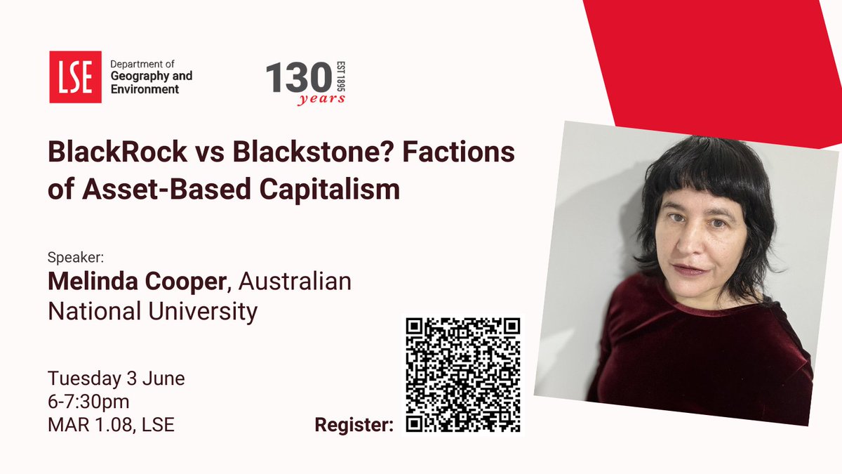 LSE Geography & Environment (@lsegeography) on Twitter photo Join us on Tuesday 3 June for a public talk with Melinda Cooper (<a href="/ourANU/">ourANU</a>) who'll explore how the divide between giants like BlackRock and Blackstone is reshaping U.S. political alliances.
<a href="/TanyaMatthan/">Tanya Matthan</a> <a href="/LSEsociology/">LSE Sociology</a>
Register for your free ticket 🎫 zurl.co/EBjZx Join us on Tuesday 3 June for a public talk with Melinda Cooper (<a href="/ourANU/">ourANU</a>) who'll explore how the divide between giants like BlackRock and Blackstone is reshaping U.S. political alliances.
<a href="/TanyaMatthan/">Tanya Matthan</a> <a href="/LSEsociology/">LSE Sociology</a>
Register for your free ticket 🎫 zurl.co/EBjZx