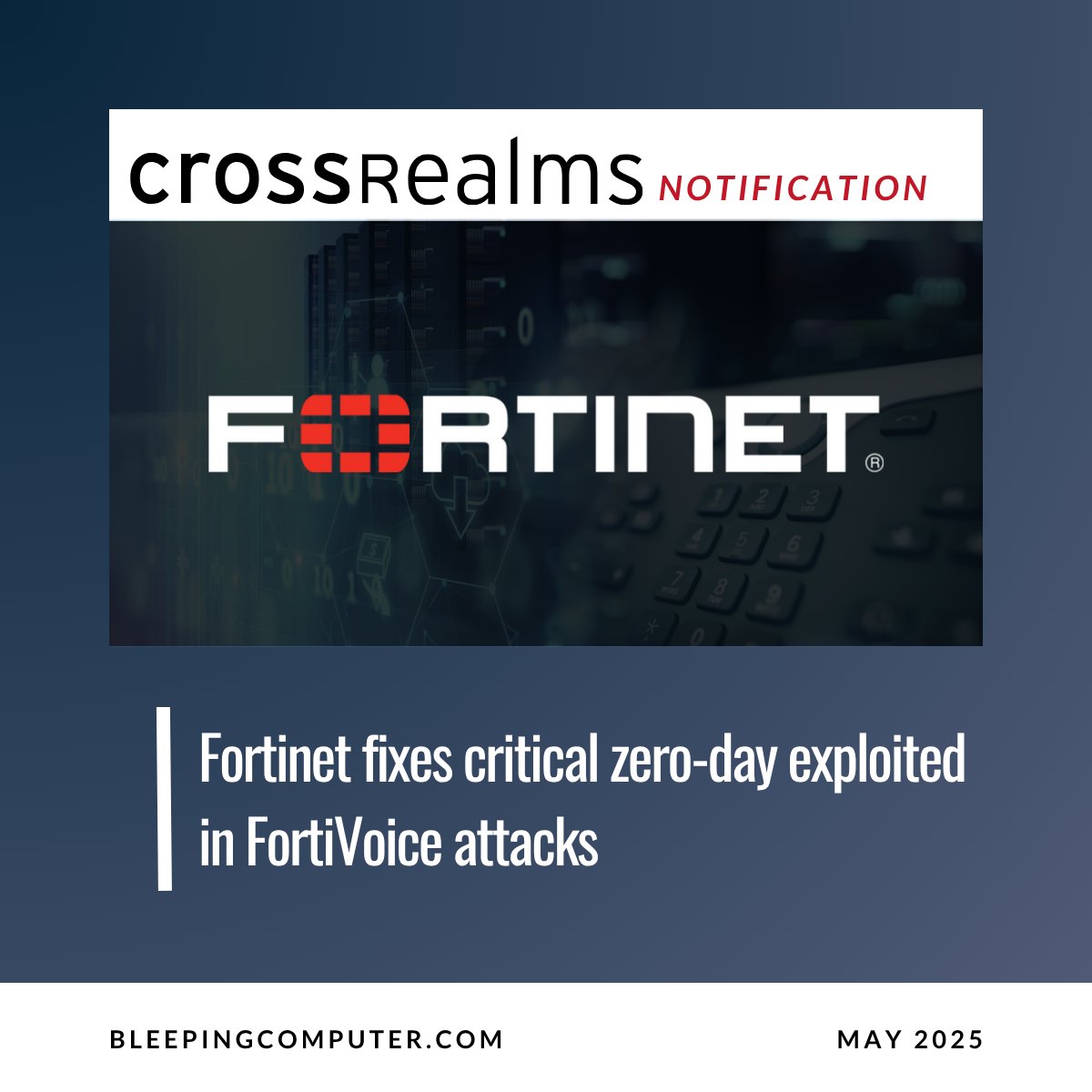 CrossRealmsIntl's tweet photo. Fortinet fixes critical zero-day exploited in FortiVoice attacks

🔗 Read the full article here: https://t.co/zjNvyW5yjq

#crossrealms #fortinet #fortivoice #cybersecurity #cyberattack #cybercrime #zeroday #telephony #phonesystem #itsecurity #informationsecurity #infosec #it https://t.co/ZixlZJFXfo